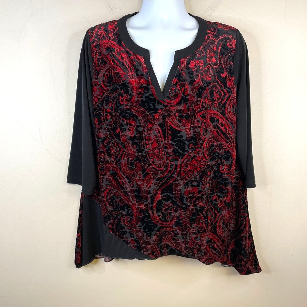 Vintage Womens Velvet Burnout HOLIDAY Party Tunic Top XLarge Pullover 3/4 Sleeve